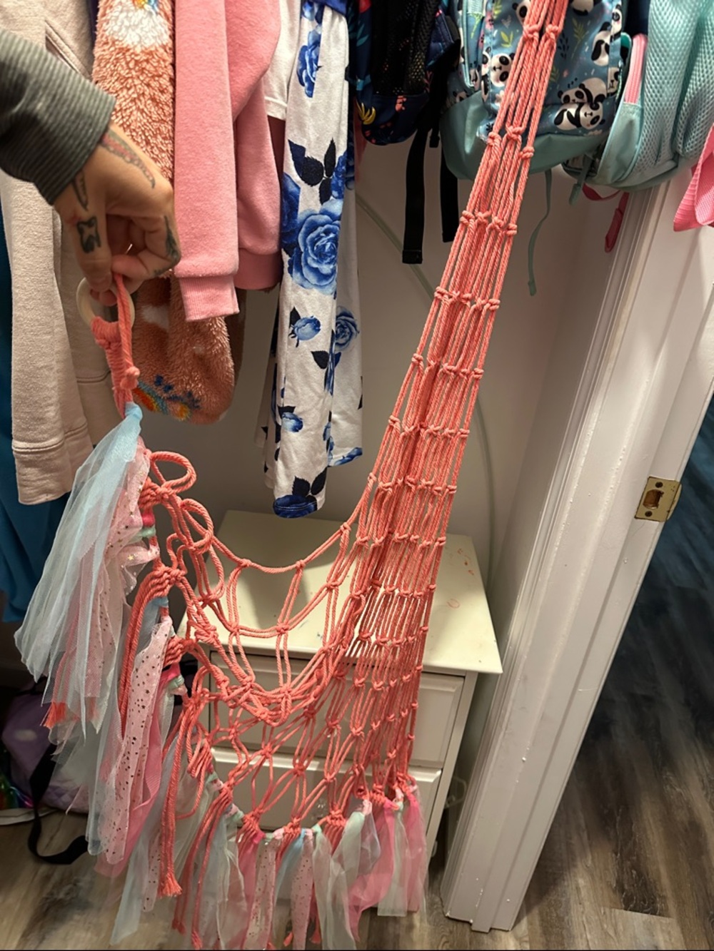 Coral Macrame Corner Toy Hanging Storage with Pastel Tassels